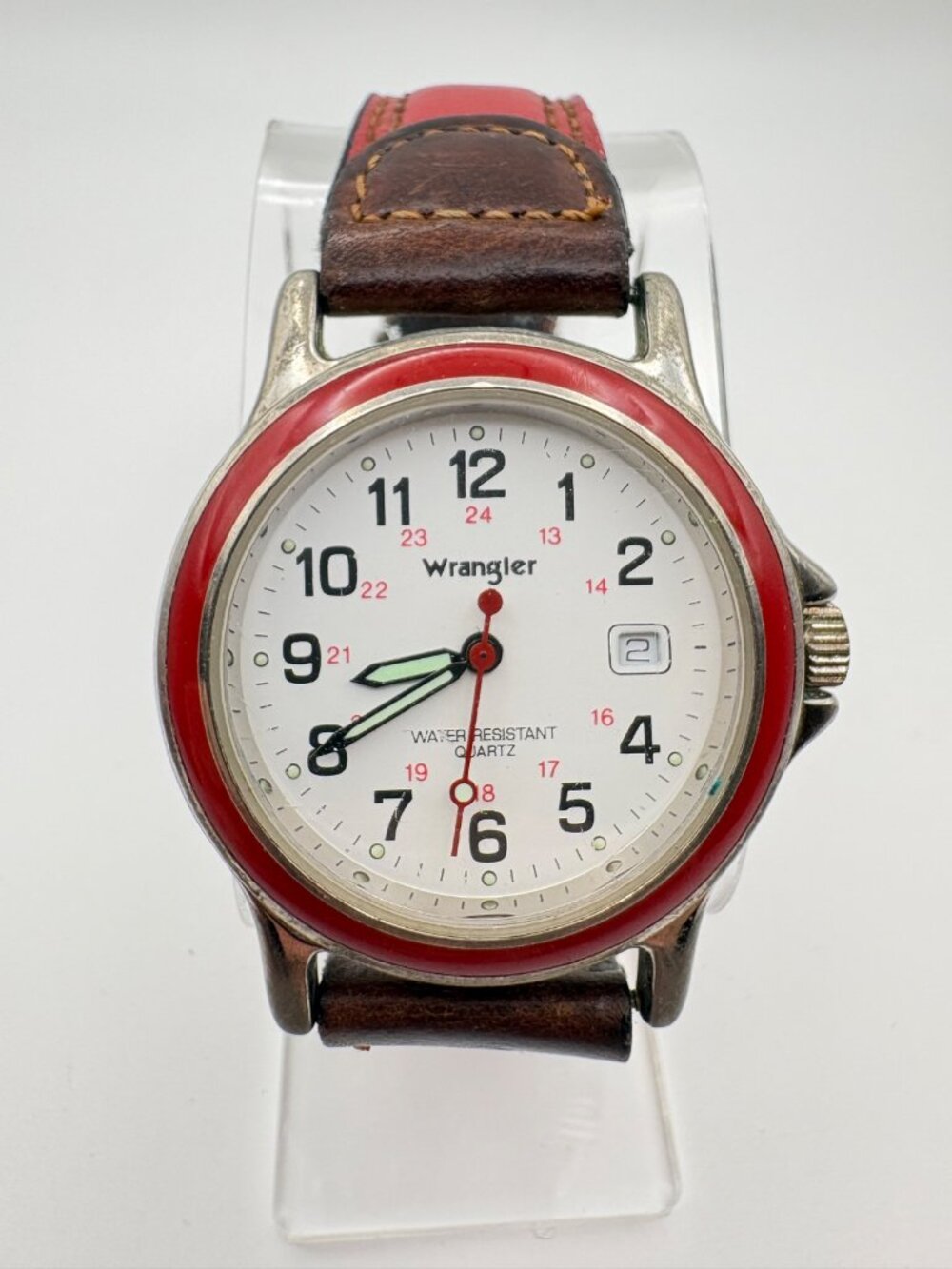 Wrangler Mens Quartz Watch Red Bezel Leather Strap Date Water Resistant 215 4871
